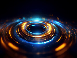 Aufkleber - Intricate concentric metallic rings glow with vibrant blue and orange light, creating a mesmerizing, futuristic effect.  Sparkles emanate from the core.