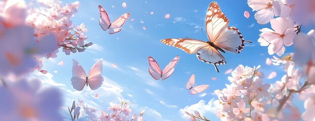 Wall Mural - Pink cherry blossoms with butterflies flying in the air, a paste spring background