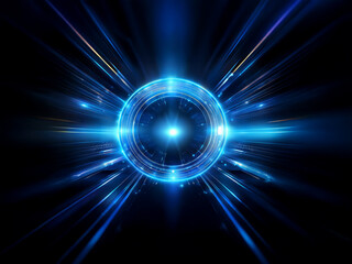 Leinwandbilder - A vibrant blue circular energy field radiates light streaks against a dark background, suggesting speed and technology.  The core glows intensely.