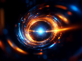 Poster - Abstract swirling energy vortex. Glowing blue and orange light trails create a mesmerizing tunnel effect in deep space.  Bright central core radiates intense light.