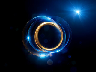 Poster - Glowing golden ring encircled by vibrant blue light trails against a dark background.  The image evokes a sense of energy and mystery.