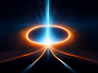 Poster - A glowing orange and blue ring surrounds a bright beam of light, resembling a cosmic gateway or portal leading down a radiant highway stretching to the horizon.  The dark background hints at a vast, m