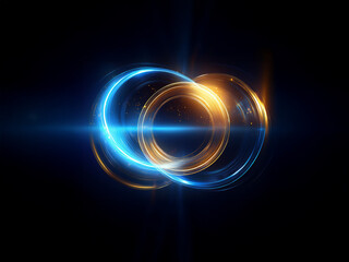 Aufkleber - Intertwined luminous rings, blue and gold, radiate light and energy against a dark backdrop.  The image evokes feelings of connection, infinity, and cosmic energy.