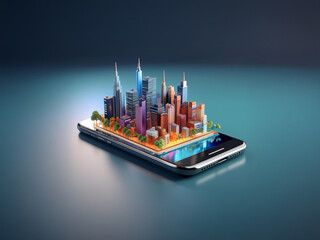 Aufkleber - A vibrant, miniature city sits atop a smartphone, showcasing the concept of mobile technology and urban life merging seamlessly.  The city is colorful and detailed, suggesting a futuristic or digitall