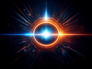 Poster - A vibrant, cosmic ring radiates energy, its brilliant core emitting intense light streaks across a dark, star-filled expanse.  The hues of blue and orange create a striking contrast.