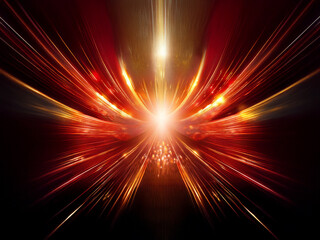 Poster - A vibrant, abstract artwork depicting a radiant burst of red and orange light, emanating from a central point and resembling outstretched wings.  The dark background enhances the luminous effect.
