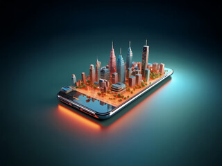 Aufkleber - A miniature cityscape sits atop a sleek smartphone, illuminated by a warm orange glow against a dark background.  The image conveys a sense of futuristic urban technology and mobile connectivity.