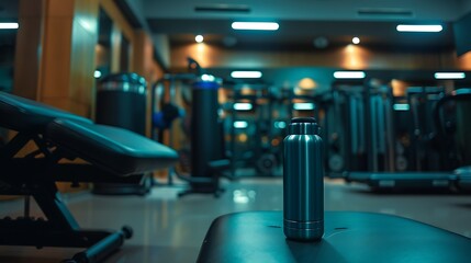 Within the exercise room an aqua thermos