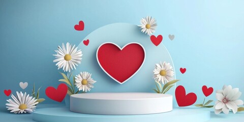 Poster - Creative Valentine's Day podium with paper cut out concept. Colorful heart display with flowers on a light blue background