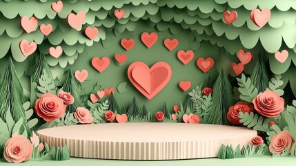 Poster - Creative Valentine's Day podium with paper cut out concept. Colorful paper art scene with hearts and flowers on a stage backdrop