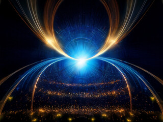 Poster - Abstract cosmic artwork depicting a bright, glowing energy core surrounded by swirling light trails, reminiscent of a wormhole or portal, above a cityscape at night.