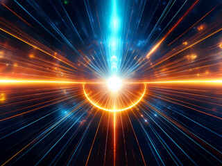 Poster - A vibrant, abstract depiction of a cosmic event.  Bright, converging energy beams in shades of blue and orange emanate from a central, luminous point, creating a sense of movement and intense energy.
