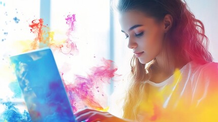 Poster - Creative Marketing Concept Featuring Woman Using Laptop with Color Splash