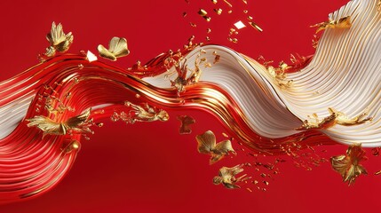 Wall Mural - Futuristic 3D Chinese New Year design with gold-plated accents and dynamic red wave-like structures.