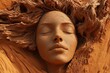 © herman - A beautiful woman's face made of clay, half-buried in the red sand desert. Her hair is flowing