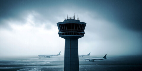 weather impacts by storm. infrastructure damage. towering control tower amid stormy weather with pla
