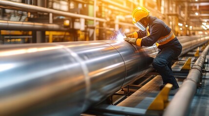 Poster - Worker Installing Large Metal Pipe with Welding Equipment in Factory