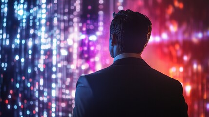 Poster - Professional Man in Suit Looking at Futuristic Holographic Display