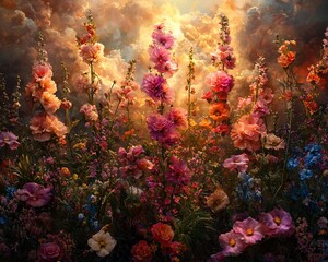 Poster - Vibrant flowers in a dramatic sunset sky.