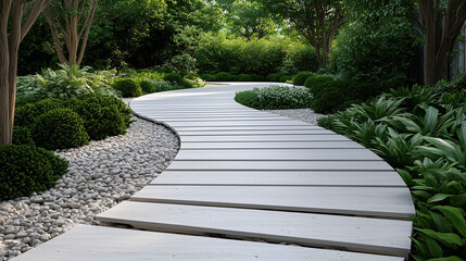 Wall Mural - serene garden pathway with curved wooden boards and lush greenery