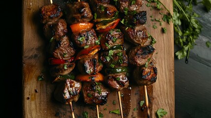 Wall Mural - Grilled Beef Kebabs with Peppers and Zucchini