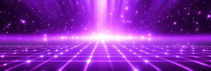 Poster - A background of glowing purple light rays on the top and bottom with a grid pattern. A shiny, modern
