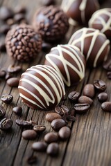 Canvas Print - Chocolates and Coffee Beans on Wooden Table