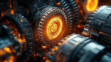 Wall Mural - Abstract close-up of machinery with intricate components and glowing parts, cinematic style