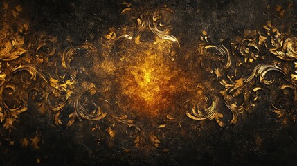 Fototapete - Glowing golden ornament with elaborate, swirling details and sharp contrasts on a textured dark background.