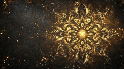 Fototapete - Glowing golden ornament with elaborate, swirling details and sharp contrasts on a textured dark background.