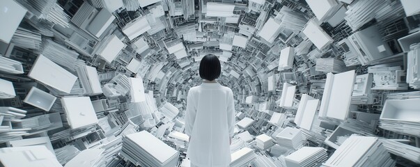 Leinwandbilder - A person in white stands amidst a swirling vortex of abstract, box-like forms, creating a surreal and futuristic atmosphere.