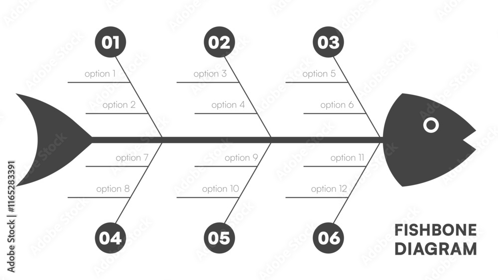 Monochrome Fishbone Diagram Template with Numbered Nodes Stock Vector ...