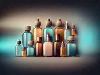 Poster - Collection of various glass bottles and containers,  different shapes and sizes, showcasing amber, clear, and pink hues, on a gradient background.