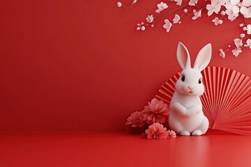 Leinwandbilder - 3D rabbit, red background with folding fan-shaped decoration, Chinese New Year theme