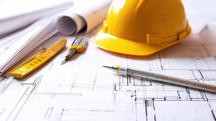 Poster - detailed view of an architect workspace with tools and plans