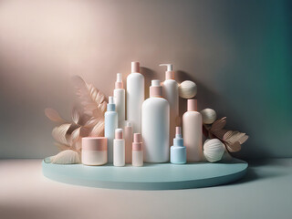 Poster - A collection of pastel-colored skincare bottles and jars arranged on a minimalist circular platform, accented by dried leaves and decorative spheres.  Soft lighting enhances the clean aesthetic.