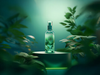 Poster - A glass bottle of translucent liquid sits on a minimalist platform, nestled amongst lush green foliage.  Subtle teal lighting enhances the serene, natural ambiance.