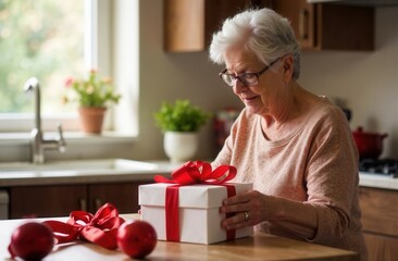 Wall Mural - An elderly woman holds a beautifully wrapped gift with a red bow