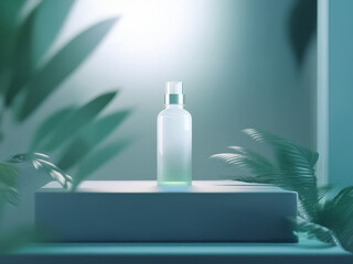 Poster - A frosted glass bottle of cosmetic product sits on a minimalist pedestal, surrounded by lush tropical foliage, casting soft shadows. The scene is bathed in a cool, calming teal light.