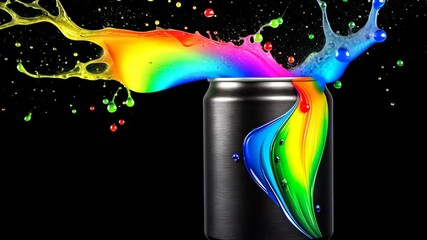 Wall Mural - Can of soda with a rainbow colored splash of liquid. The image is black and white. Scene is playful and fun