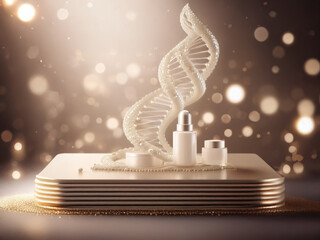 Poster - Elegant, glowing cosmetic products displayed on a luxurious platform with a DNA helix, symbolizing advanced skincare innovation and beauty.