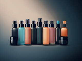 Poster - Elegant collection of cosmetic bottles and jars, showcasing various colors and shapes, displayed against a subtle background.  A spotlight highlights the products.