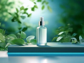 Poster - A clear glass bottle with a dropper sits on a sleek, modern platform amidst lush green foliage.  The scene is softly lit, creating a serene and natural atmosphere.
