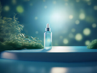 Poster - Serene image of a glass dropper bottle on a minimalist platform, surrounded by lush greenery and soft, ethereal lighting.  The scene evokes a sense of natural beauty and tranquility.