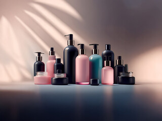 Poster - Elegant collection of skincare bottles in black, pink, and teal hues, displayed against a soft backdrop with palm leaf shadows.  The image showcases various bottle sizes and pump styles.