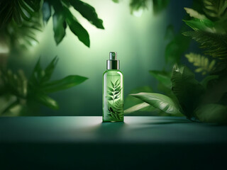 Poster - A translucent green bottle of spray mist sits on a dark green surface, surrounded by lush tropical foliage.  Soft light filters through the leaves creating a serene, natural atmosphere.
