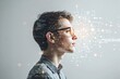 © PlanetOfVectors - Side view of a young man wearing glasses, overlayed with digital data and neural network graphics, set against a light gradient background. Concept of AI. Ai generative.