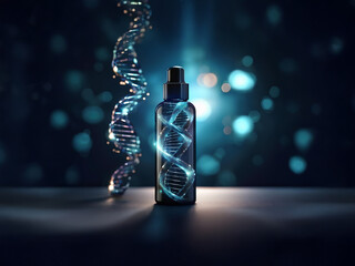 Poster - A dark bottle with a DNA helix design sits on a surface, illuminated against a bokeh backdrop.  A glowing DNA strand swirls nearby, suggesting a scientific or cosmetic product.