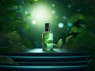 Poster - A glass bottle of translucent green liquid sits on a dark platform, surrounded by lush green leaves under soft, glowing light.  The scene evokes a sense of natural beauty and freshness.