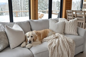 Poster - A cozy home ideas scene featuring a golden retriever lounging on a sofa with a knitted throw, reflecting a warm interior of house atmosphere in a snowy setting.